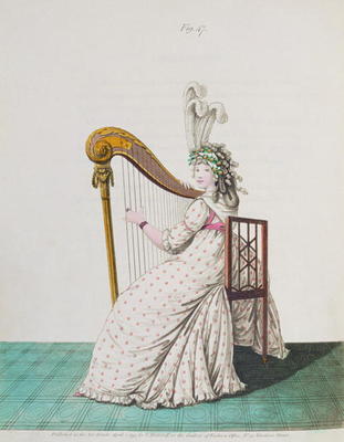 Lady playing the harp in evening dress from Nikolaus Heideloff's Gallery of Fashion, Vol II, April 1 von 