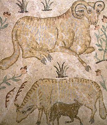 Mosaic plaque depicting a ram and a ewe suckling a lamb, possibly Greek von 