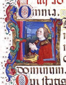 Ms 542 f.60r Historiated initial 'U' depicting King David praying from a psalter written by Don Appi 1409