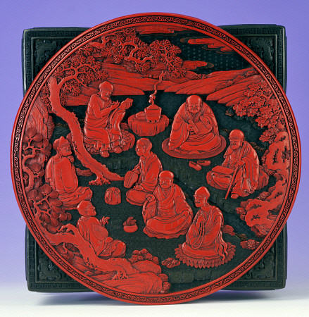 One Of A  Pair Of Imperial Carved Four-Colour Lacquer Boxes, Showing The Cover Depicting Eight Seate von 