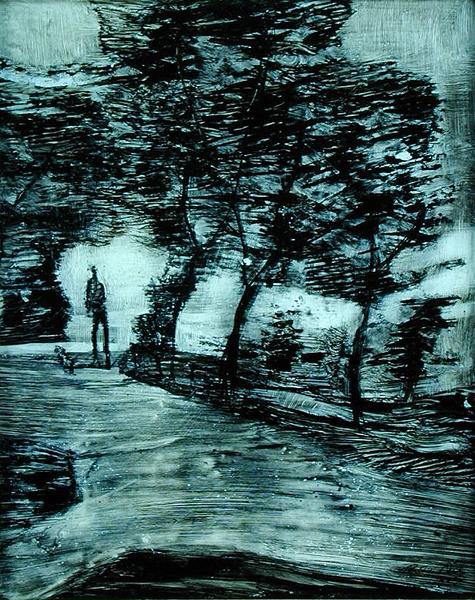 Park path, with tall man and dog, 1907 (no 21) (reverse glass painting)  von 