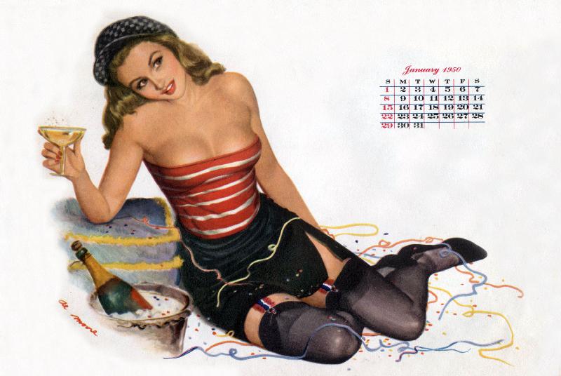 Pin Up celebrating new year with champagne, drawing by Al Moore from Esquire Girl calendar von 