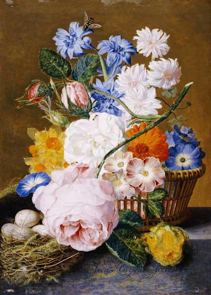 Roses, Morning Glory, Narcissi, Aster And Other Flowers In A Basket With Eggs In A Nest On A Marble von 