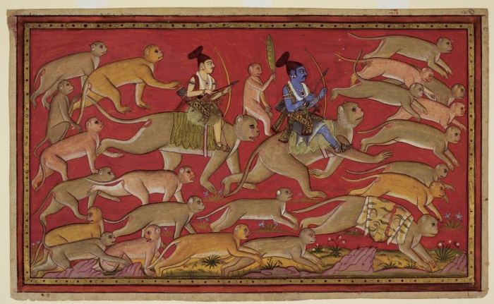 Rama bricht mit der Armee der Affen in den Süden zum Ozean auf. Er reitet auf Hanuman, während sein  von 