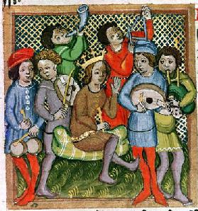 Seated crowned figure surrounded by musicians playing the lute, bagpipes, triangle, horn, viola and 19th