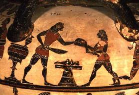 Servants Preparing Food for a Symposium, detail from an Early Corinthian black-figure column-krater, 15th