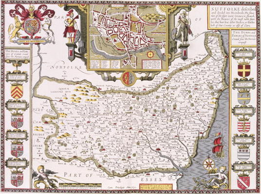 Suffolk and the situation of Ipswich, engraved by Jodocus Hondius (1563-1612) from John Speed's 'The von 