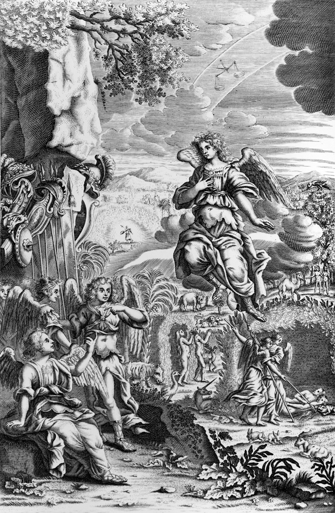 The archangel Uriel informs Gabriel that Satan is in the Garden of Eden, illustration from ''Paradis von 