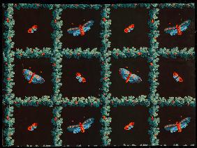 Tapete mit Quadraten aus Laub und Blüten in deren Mitte sich große und kleine Schmetterlinge befinde 1789