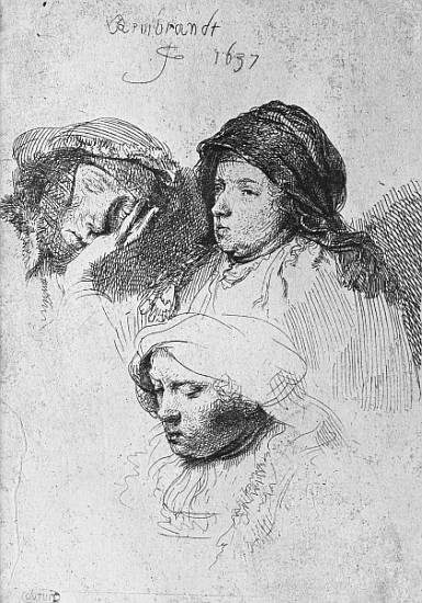 Three female heads with one sleeping von 