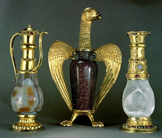 Three liturgical vessels incorporating antique vessels of sardonyx, porphyry and crystal set in 12th von 