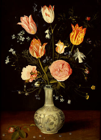 Tulips, Roses,  Forget-Me-Nots And Other Flowers In A Late Ming Blue And White Vase von 