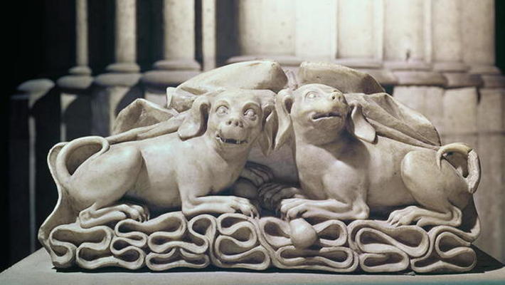 Two dogs seated on folds of a tomb, 12th century (marble) von 