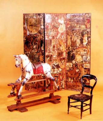 Victorian Nursery furnishings. Late 19th century rocking horse, mid-19th century scrapwork screen an von 