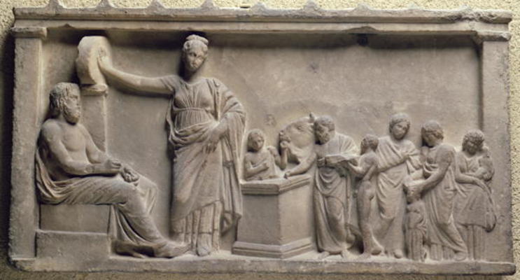 Votive relief depicting a family sacrificing a bull to Asclepius, the god of health and his daughter von 