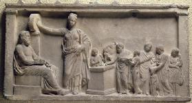 Votive relief depicting a family sacrificing a bull to Asclepius, the god of health and his daughter C19th