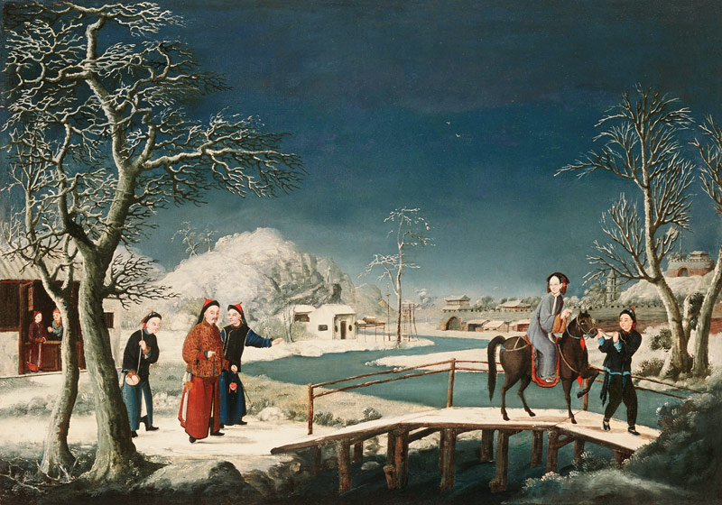Winter: A Frozen River Landscape With A Lady On A Horse Crossing A Bridge von 