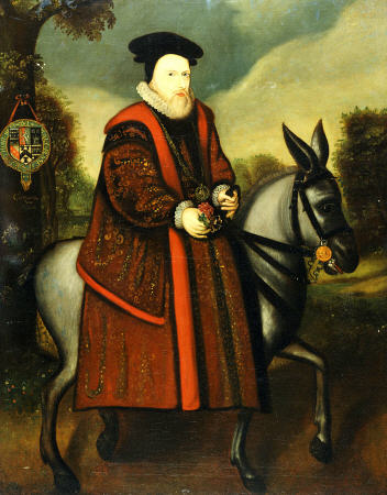 William Cecil, 1st Baron Burghley (1520-1598), Riding A Grey Mule, The Cecil Coat Of Arms Suspended von 