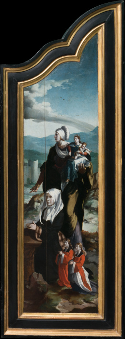 Triptychon mit der Kreuzigung Christi, Heiligen und Stifterfamilie. Rechter Innenflügel: Stifterin m von Nordniederländischer Meister um 1530