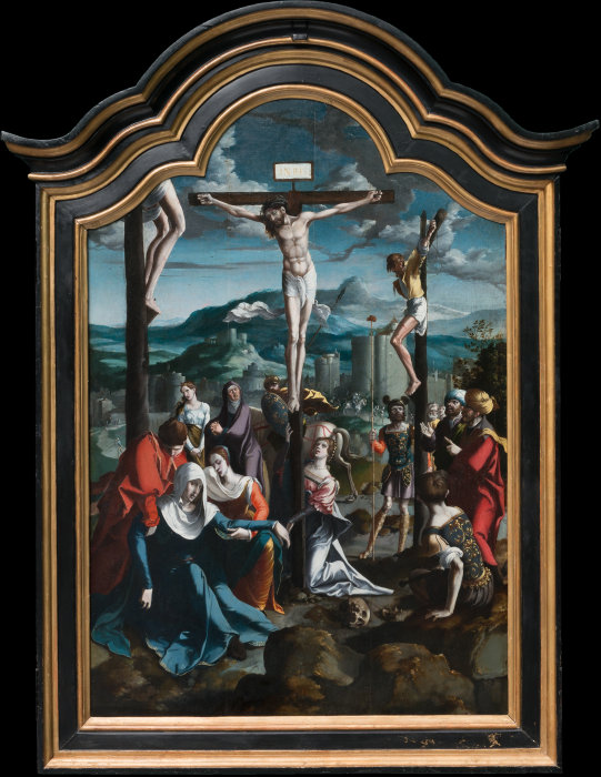 Triptychon mit der Kreuzigung Christi, Heiligen und Stifterfamilie. Mitteltafel: Kreuzigung Christi von Nordniederländischer Meister um 1530