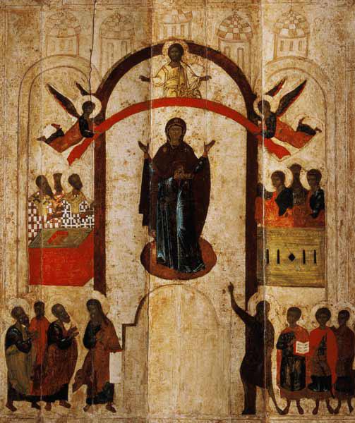 The Protection of the Theotokos (Mother of God) Russian icon from the Zverin Monastery 1399
