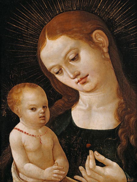 Maria, dem Jesuskind eine Erdbeere reichend. von Oberdeutsch