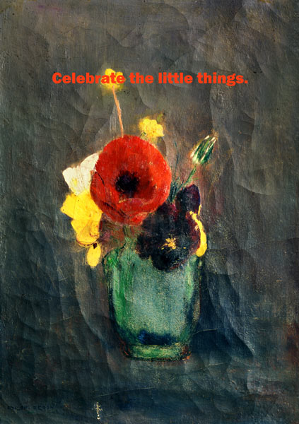 Blumenstrauss mit Mohnblumen in einer grünen Vase mit Worten von Odilon Redon