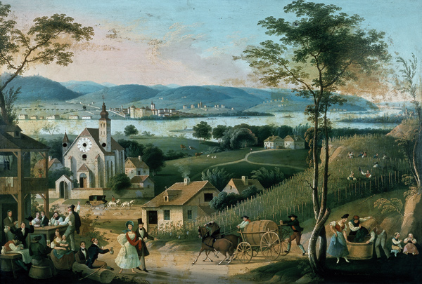Blick von einem Wiener Heurigen-Vorort über die Donau mit Weinlese- und Trink-Szene von Österreichischer Maler