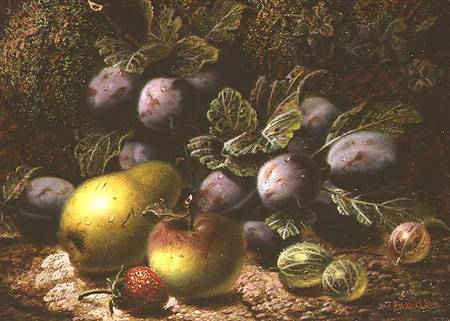 Still Life with Plums, Gooseberries, Apple, Pear and Strawberry von Oliver Clare