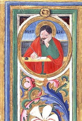 Ms 542 f.3v St. Matthew writing the first gospel from a psalter written by Don Appiano from the Chur von or di Giovanni Monte del Fora
