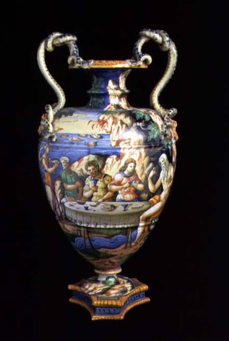 Maiolica urn with two handles in the shape of serpents, the body decorated with an al fresco banquet von Orazio Fontana of Urbino