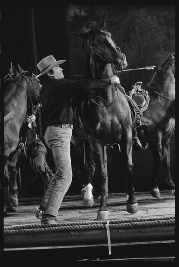 Gregory Peck with horse on the set of Mackennas Gold 1969