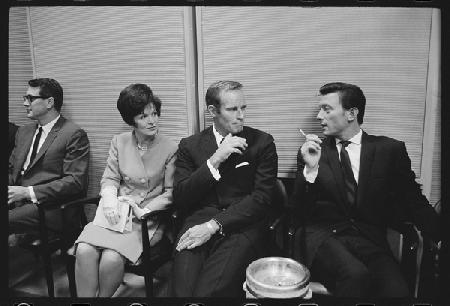 Rock Hudson, Charlton Heston, Laurence Harvey waiting to meet Princess Margaret 1966