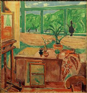 Atelierstilleben mit Iris und mehrteiligem Fenster 1920
