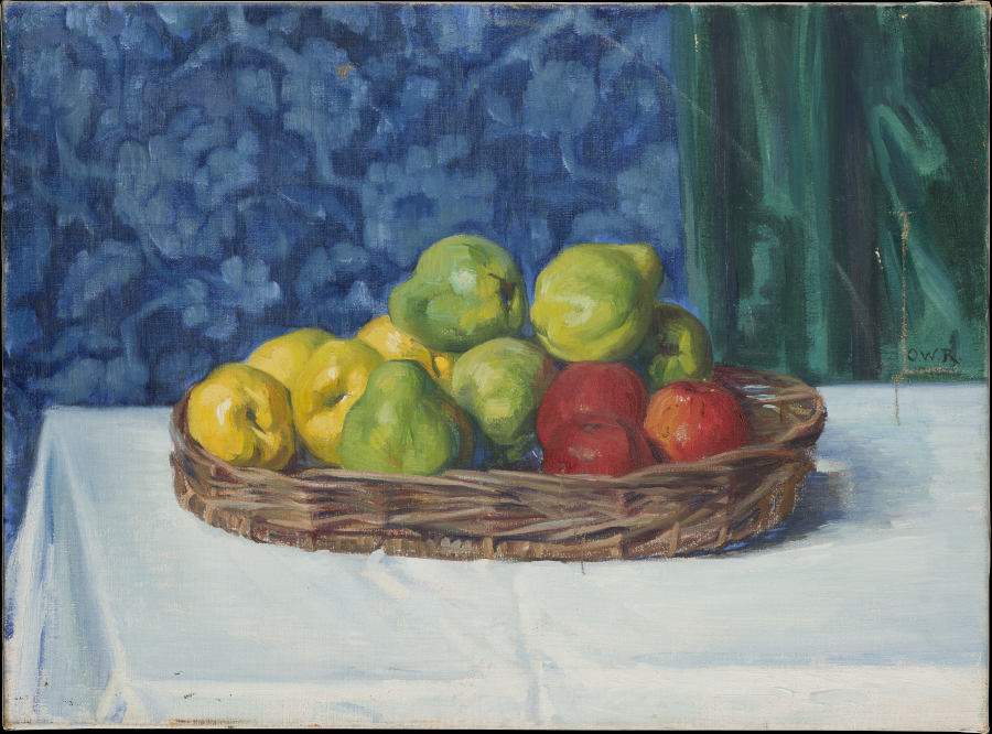 Stillleben mit einem Korb mit Äpfeln auf einem Tisch vor Vorhang und Tapete von Ottilie Roederstein