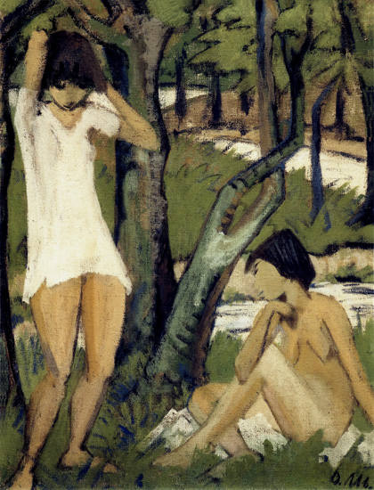 Zwei badende Mädchen (Mädchen im Hemd) von Otto Mueller