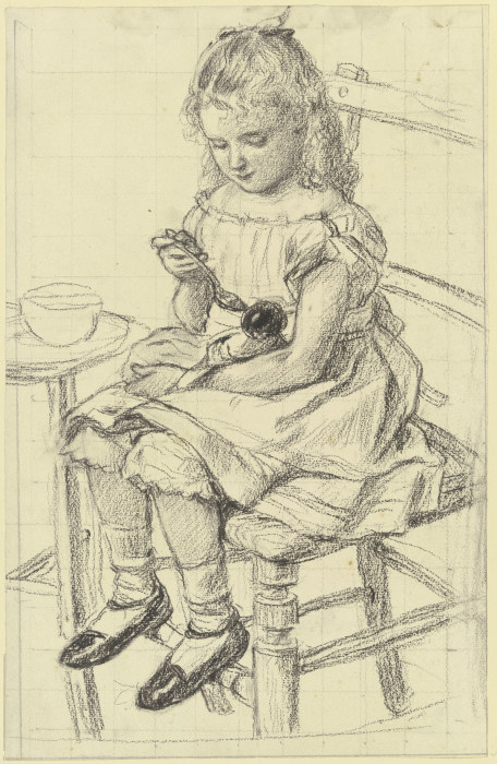 Ein Mädchen beim Füttern ihrer Puppe von Otto Scholderer