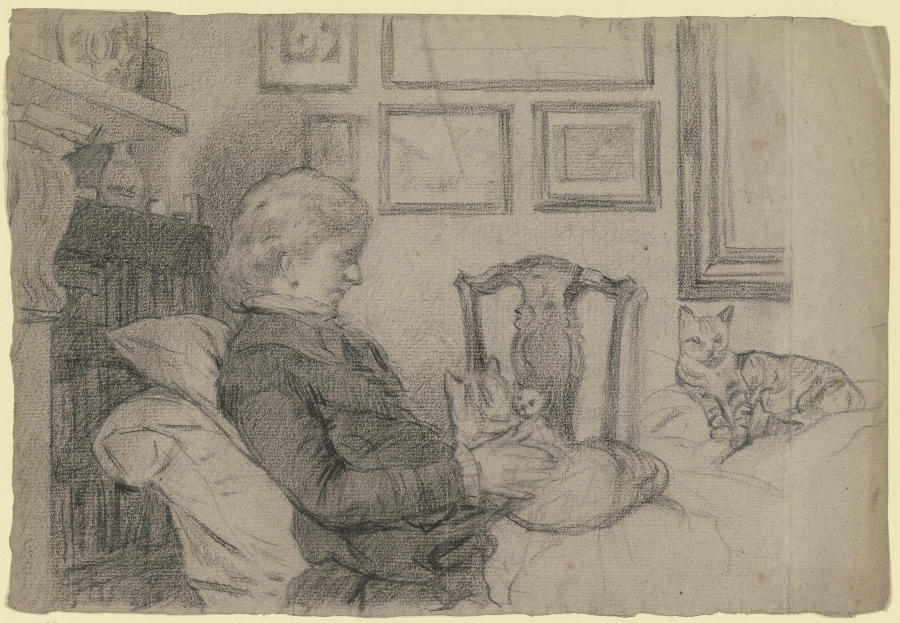 Luise Scholderer am Kamin mit vielen Katzen von Otto Scholderer