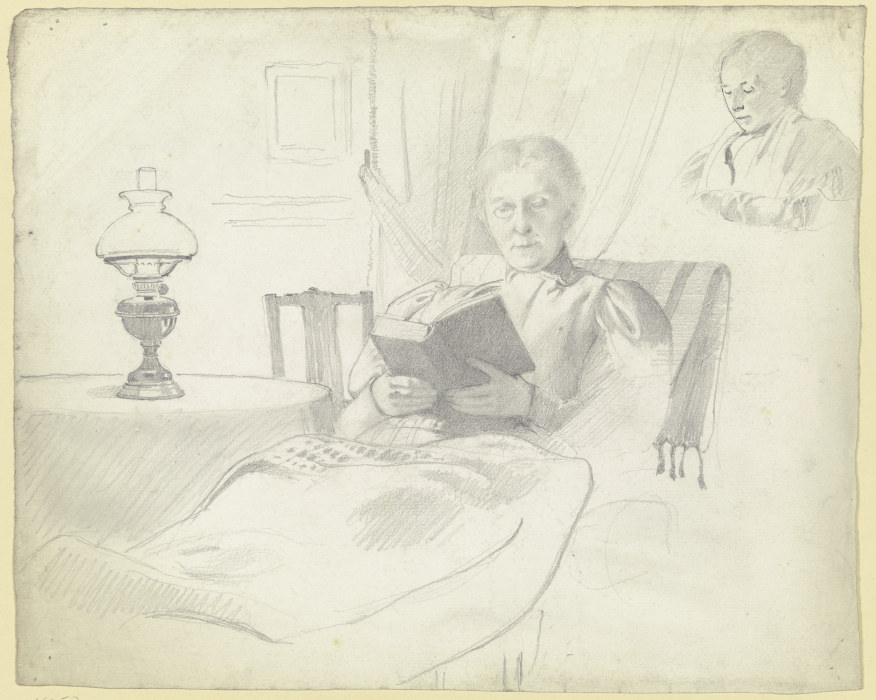 Luise Scholderer lesend mit Tisch und Lampe, Brustbild einer weiblichen Figur im Hintergrund von Otto Scholderer