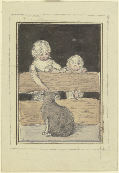Zwei Kinder am Zaun mit einer Katze von Otto Scholderer