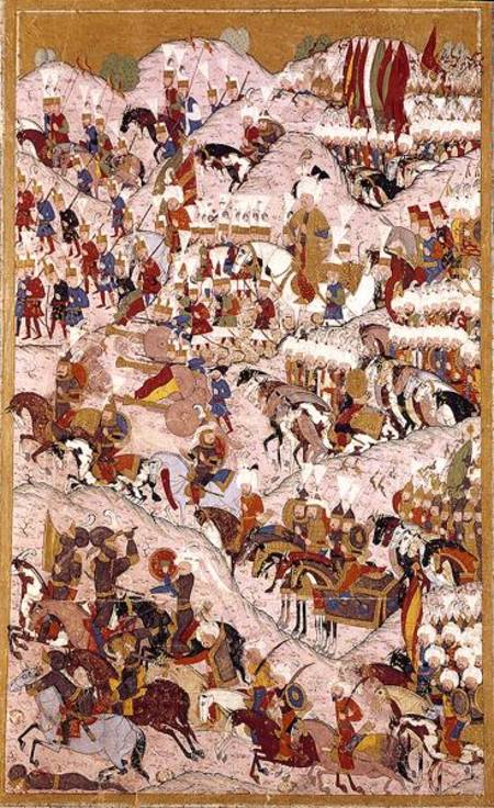 TSM H.1524 'Hunername' manuscript: Suleyman the Magnificent (1494-1566) at the Battle of Mohacs in 1 von Ottoman School