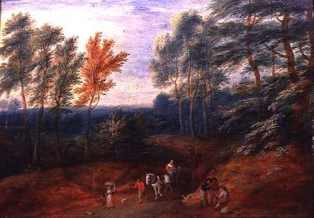 A Wooded Landscape with Travellers in a Haycart von P. Boudewyns