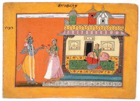 Krishna arriving at Radha's house, illustration from a manuscript of the 'Rasamanjari' of Bhanudatta von Pahari School