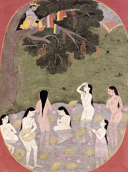 Krishna with the Cow Girls'' clothes, Tehri-Garhwal, c.1820-30 von Pahari School