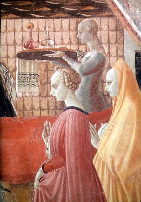 Birth of the Virgin, detail of a servant and two attendants von Paolo Uccello