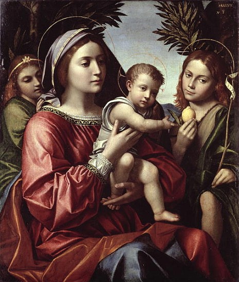The Virgin and Child, St. John the Baptist and an Angel von Paolo (Il Cavazzola) Morando