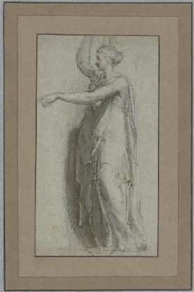 Stehende weibliche Gewandfigur nach links, die rechte Hand zu einem auf dem Kopfe getragenen Gefäße 