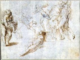 Figure Studies: Woman Holding a Baby; Man Pursued by Another; Nude Woman Lying on Ground; Hercules a
