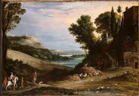 An italianate landscape with a hawking party approaching a villa, other huntsmen and a hilltop town 