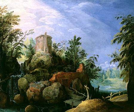 Fantastic Landscape with a Waterfall and Bridge von Paul Brill or Bril